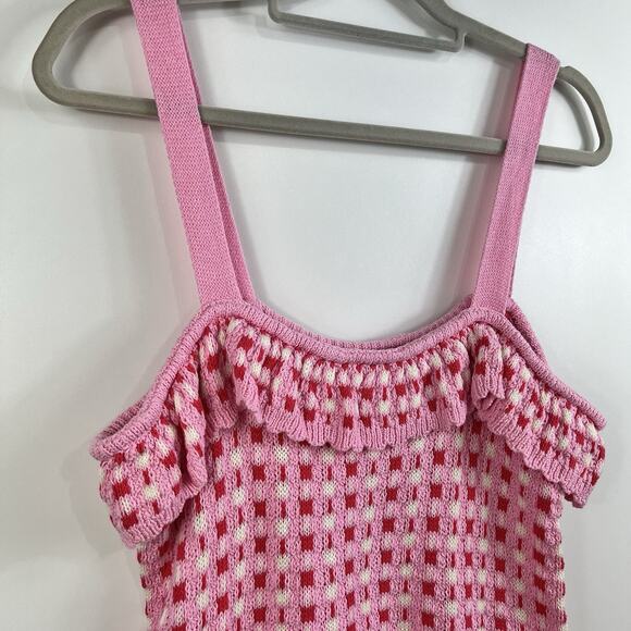 New Paid Crochet Entro Pink Red Knit Ruffle Crop Top Large Cotton Boho Kidscore - Picture 5 of 13